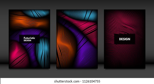 Wavy Lines in Movement. Abstract Backgrounds with Vibrant Gradient and Volume Effect in Modern Style. 3D Vector Abstraction with Distorted Shapes. Wavy Lines for Cover, Magazine, Poster, Brochure.