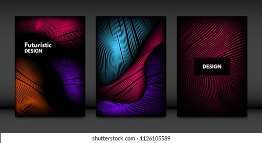 Wavy Lines in Movement. Abstract Backgrounds with Vibrant Gradient and Volume Effect in Modern Style. 3D Vector Abstraction with Distorted Shapes. Wavy Lines for Cover, Magazine, Poster, Brochure.