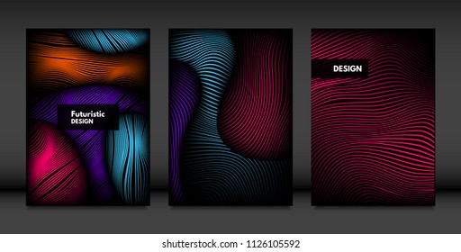 Wavy Lines in Movement. Abstract Backgrounds with Vibrant Gradient and Volume Effect in Modern Style. 3D Vector Abstraction with Distorted Shapes. Wavy Lines for Cover, Magazine, Poster, Brochure.