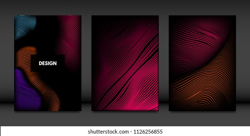 Wavy Lines in Movement. Abstract Backgrounds with Vibrant Gradient and Volume Effect in Modern Style. 3D Vector Abstraction with Distorted Shapes. Wavy Lines for Cover, Magazine, Poster, Brochure.