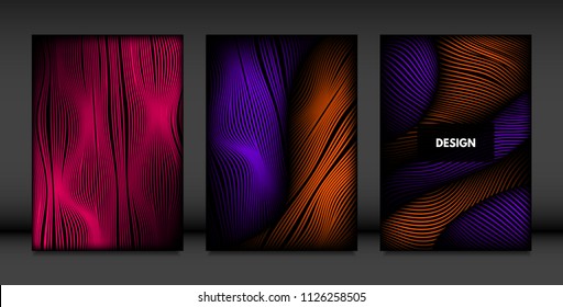 Wavy Lines in Movement. Abstract Backgrounds with Vibrant Gradient and Volume Effect in Modern Style. 3D Vector Abstraction with Distorted Shapes. Wavy Lines for Cover, Magazine, Poster, Brochure.