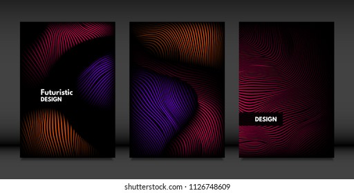 Wavy Lines in Movement. Abstract Backgrounds with Vibrant Gradient and Volume Effect in Modern Style. 3D Vector Abstraction with Distorted Shapes. Wavy Lines for Cover, Magazine, Poster, Brochure.