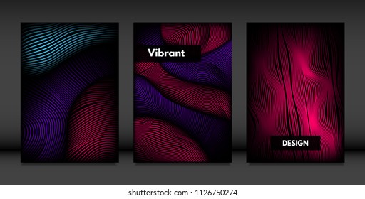 Wavy Lines in Movement. Abstract Backgrounds with Vibrant Gradient and Volume Effect in Modern Style. 3D Vector Abstraction with Distorted Shapes. Wavy Lines for Cover, Magazine, Poster, Brochure.