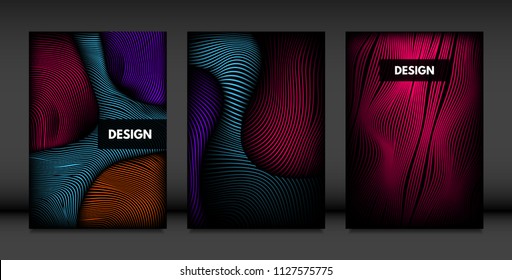 Wavy Lines in Movement. Abstract Backgrounds with Vibrant Gradient and Volume Effect in Modern Style. 3D Vector Abstraction with Distorted Shapes. Wavy Lines for Cover, Magazine, Poster, Brochure.
