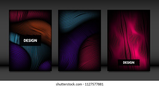 Wavy Lines in Movement. Abstract Backgrounds with Vibrant Gradient and Volume Effect in Modern Style. 3D Vector Abstraction with Distorted Shapes. Wavy Lines for Cover, Magazine, Poster, Brochure.
