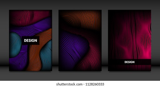 Wavy Lines in Movement. Abstract Backgrounds with Vibrant Gradient and Volume Effect in Modern Style. 3D Vector Abstraction with Distorted Shapes. Wavy Lines for Cover, Magazine, Poster, Brochure.