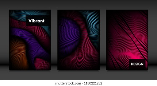 Wavy Lines in Movement. Abstract Backgrounds with Vibrant Gradient and Volume Effect in Modern Style. 3D Vector Abstraction with Distorted Shapes. Wavy Lines for Cover, Magazine, Poster, Brochure.