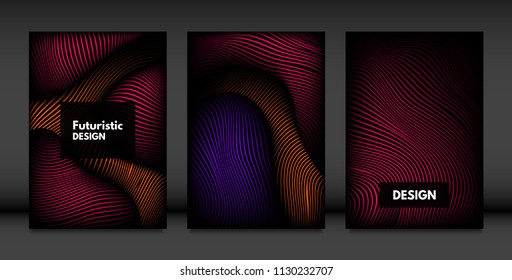 Wavy Lines in Movement. Abstract Backgrounds with Vibrant Gradient and Volume Effect in Modern Style. 3D Vector Abstraction with Distorted Shapes. Wavy Lines for Cover, Magazine, Poster, Brochure.