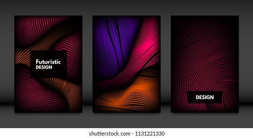 Wavy Lines in Movement. Abstract Backgrounds with Vibrant Gradient and Volume Effect in Modern Style. 3D Vector Abstraction with Distorted Shapes. Wavy Lines for Cover, Magazine, Poster, Brochure.