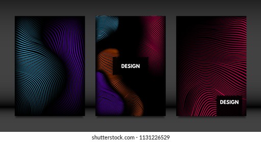 Wavy Lines in Movement. Abstract Backgrounds with Vibrant Gradient and Volume Effect in Modern Style. 3D Vector Abstraction with Distorted Shapes. Wavy Lines for Cover, Magazine, Poster, Brochure.