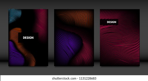 Wavy Lines in Movement. Abstract Backgrounds with Vibrant Gradient and Volume Effect in Modern Style. 3D Vector Abstraction with Distorted Shapes. Wavy Lines for Cover, Magazine, Poster, Brochure.