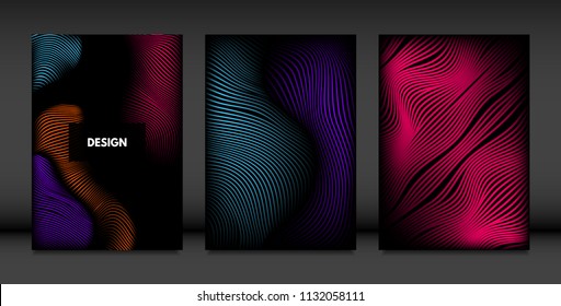 Wavy Lines in Movement. Abstract Backgrounds with Vibrant Gradient and Volume Effect in Modern Style. 3D Vector Abstraction with Distorted Shapes. Wavy Lines for Cover, Magazine, Poster, Brochure.