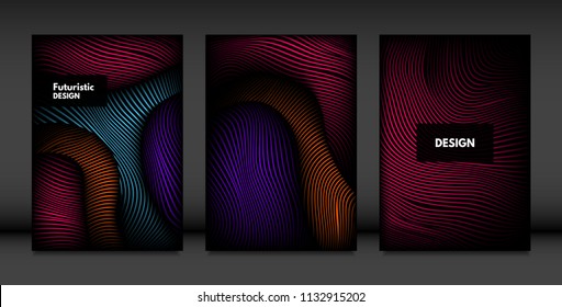 Wavy Lines in Movement. Abstract Backgrounds with Vibrant Gradient and Volume Effect in Modern Style. 3D Vector Abstraction with Distorted Shapes. Wavy Lines for Cover, Magazine, Poster, Brochure.