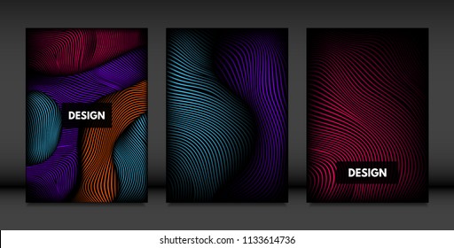 Wavy Lines in Movement. Abstract Backgrounds with Vibrant Gradient and Volume Effect in Modern Style. 3D Vector Abstraction with Distorted Shapes. Wavy Lines for Cover, Magazine, Poster, Brochure.