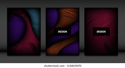 Wavy Lines in Movement. Abstract Backgrounds with Vibrant Gradient and Volume Effect in Modern Style. 3D Vector Abstraction with Distorted Shapes. Wavy Lines for Cover, Magazine, Poster, Brochure.
