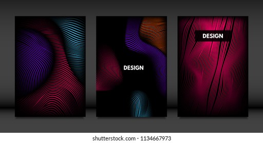 Wavy Lines in Movement. Abstract Backgrounds with Vibrant Gradient and Volume Effect in Modern Style. 3D Vector Abstraction with Distorted Shapes. Wavy Lines for Cover, Magazine, Poster, Brochure.