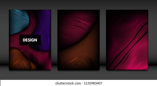 Wavy Lines in Movement. Abstract Backgrounds with Vibrant Gradient and Volume Effect in Modern Style. 3D Vector Abstraction with Distorted Shapes. Wavy Lines for Cover, Magazine, Poster, Brochure.