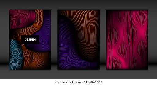 Wavy Lines in Movement. Abstract Backgrounds with Vibrant Gradient and Volume Effect in Modern Style. 3D Vector Abstraction with Distorted Shapes. Wavy Lines for Cover, Magazine, Poster, Brochure.