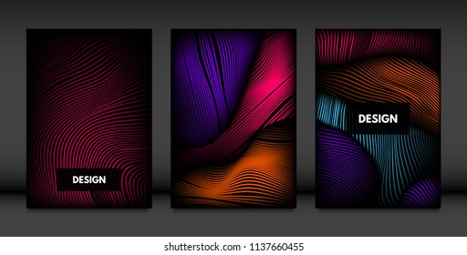 Wavy Lines in Movement. Abstract Backgrounds with Vibrant Gradient and Volume Effect in Modern Style. 3D Vector Abstraction with Distorted Shapes. Wavy Lines for Cover, Magazine, Poster, Brochure.