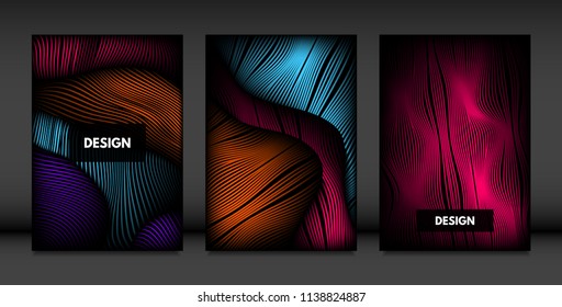 Wavy Lines in Movement. Abstract Backgrounds with Vibrant Gradient and Volume Effect in Modern Style. 3D Vector Abstraction with Distorted Shapes. Wavy Lines for Cover, Magazine, Poster, Brochure.