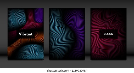 Wavy Lines in Movement. Abstract Backgrounds with Vibrant Gradient and Volume Effect in Modern Style. 3D Vector Abstraction with Distorted Shapes. Wavy Lines for Cover, Magazine, Poster, Brochure.