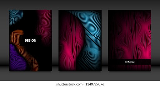 Wavy Lines in Movement. Abstract Backgrounds with Vibrant Gradient and Volume Effect in Modern Style. 3D Vector Abstraction with Distorted Shapes. Wavy Lines for Cover, Magazine, Poster, Brochure.