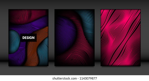 Wavy Lines in Movement. Abstract Backgrounds with Vibrant Gradient and Volume Effect in Modern Style. 3D Vector Abstraction with Distorted Shapes. Wavy Lines for Cover, Magazine, Poster, Brochure.