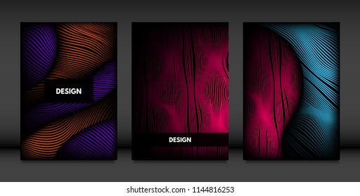 Wavy Lines in Movement. Abstract Backgrounds with Vibrant Gradient and Volume Effect in Modern Style. 3D Vector Abstraction with Distorted Shapes. Wavy Lines for Cover, Magazine, Poster, Brochure.