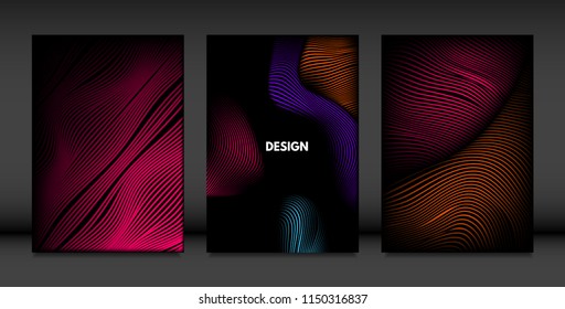 Wavy Lines in Movement. Abstract Backgrounds with Vibrant Gradient and Volume Effect in Modern Style. 3D Vector Abstraction with Distorted Shapes. Wavy Lines for Cover, Magazine, Poster, Brochure.