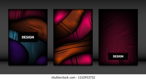 Wavy Lines in Movement. Abstract Backgrounds with Vibrant Gradient and Volume Effect in Modern Style. 3D Vector Abstraction with Distorted Shapes. Wavy Lines for Cover, Magazine, Poster, Brochure.