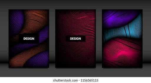 Wavy Lines in Movement. Abstract Backgrounds with Vibrant Gradient and Volume Effect in Modern Style. 3D Vector Abstraction with Distorted Shapes. Wavy Lines for Cover, Magazine, Poster, Brochure.