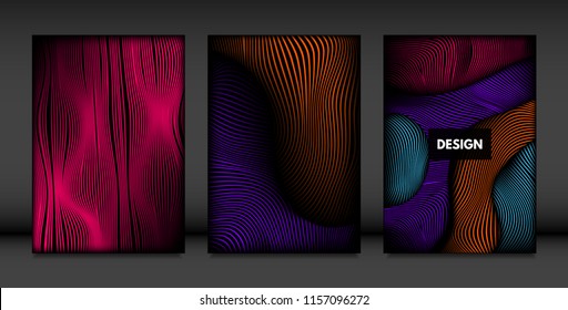 Wavy Lines in Movement. Abstract Backgrounds with Vibrant Gradient and Volume Effect in Modern Style. 3D Vector Abstraction with Distorted Shapes. Wavy Lines for Cover, Magazine, Poster, Brochure.