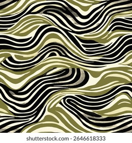 Wavy lines in olive green, black, and white, , Wavy Stripes seamless pattern, seamless repeating vector pattern, design and pattern for textile print. Vector illustration.