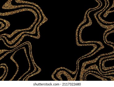 Wavy lines on a black background, gold glitter texture gold.
