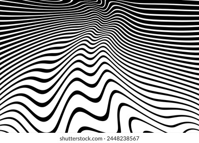 Wavy Lines Op Art Pattern with 3D Illusion Effect. Abstract Black and White Texture. Vector Illustration.