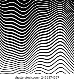 Wavy Lines Op Art Pattern with 3D Illusion Effect. Abstract Black and White Texture. Vector Illustration.