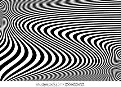 Wavy Lines Op Art Pattern with 3D Illusion Effect. Black and White Texture. Abstract Halftone Background. Vector Illustration.