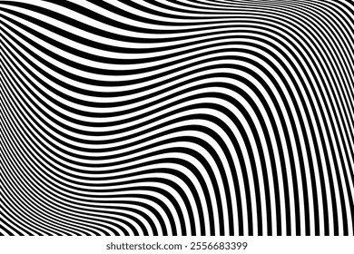 Wavy Lines Op Art Pattern with 3D Illusion Effect. Black and White Texture. Abstract Halftone Background. Vector Illustration.