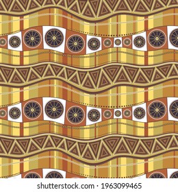 Wavy lines with an ornament on a background of vertical multi-colored stripes. Seamless pattern in brown-ocher colors. Dynamic contrast of the main picture and the background.