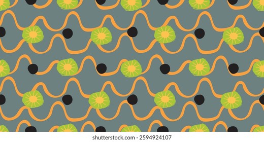 Wavy lines and ovals seamless pattern. Abstract background with uneven stripes and jagged edges shapes. Yellow,green and black colors on grey. Vector design for textile, wallpaper, cover.