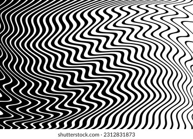 Wavy Lines Pattern with 3D Illusion and Twisting Motion Effect. Abstract Black and White Texture. Vector Art.