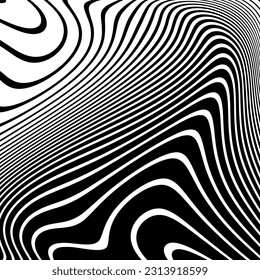 Wavy Lines Pattern with 3D Illusion and Twisting Motion Effect. Abstract Black and White Texture. Vector Art.