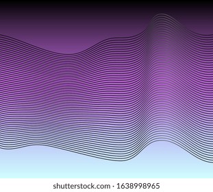 Wavy lines pattern. Optical illusion. Retrowave, synthwave, rave, vapor background. Yesterday’s tomorrow style. Black, purple, pink, blue, gray colors. 