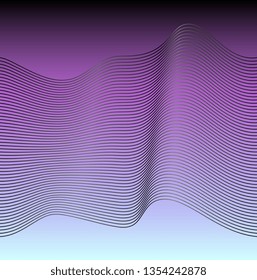 Wavy lines pattern. Technology background. Optical illusion. Retrowave, synthwave, vapor background. Yesterday’s tomorrow style. Black, purple, pink, gray colors. Banner, wallpaper, print, template