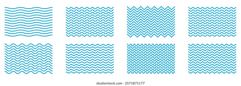 Wavy lines pattern vector element, wave ripple thin line strokes simple zigzag texture set, Blue zig zag waves pattern icon. Blue and white business wave banner background. vector 