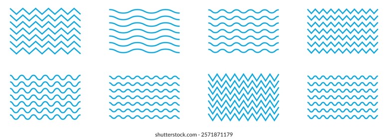 Wavy lines pattern vector element, wave ripple thin line strokes simple zigzag texture set, Blue zig zag waves pattern icon. Blue and white business wave banner background. vector 