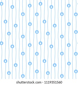Wavy lines, pinstripes, waves with circles and drops, droplets, tears. Seamless vector repeat pattern. Vertical undulating, winding bars, stripes, streaks. Flat style simple water background.