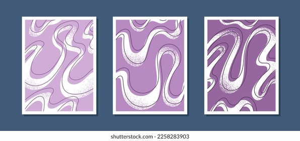 Afiches de líneas onduladas. Creatividad minimalista y arte. Decoración abstracta para habitación y apartamento. Arte mural moderno y folleto. Ilustraciones del vector plano de dibujos animados aisladas en fondo oscuro