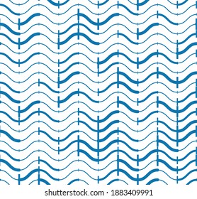 Wavy lines regular repeat endless background, vector abstract seamless pattern, technical digital style blue colored rhythmic waves.