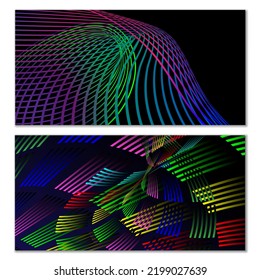 Líneas onduladas o cintas. Gradiente de rayas multicolor. Fondo creativo inusual con líneas de onda de gradiente abstracto para crear banner de moda, afiche. Pasos vectoriales